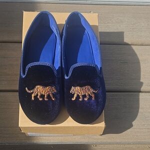 Kids Blue Velvet Shoes with Tiger Embroidery